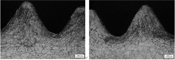 圖5-23 GH4169螺栓滾壓加工后的晶粒流線組織