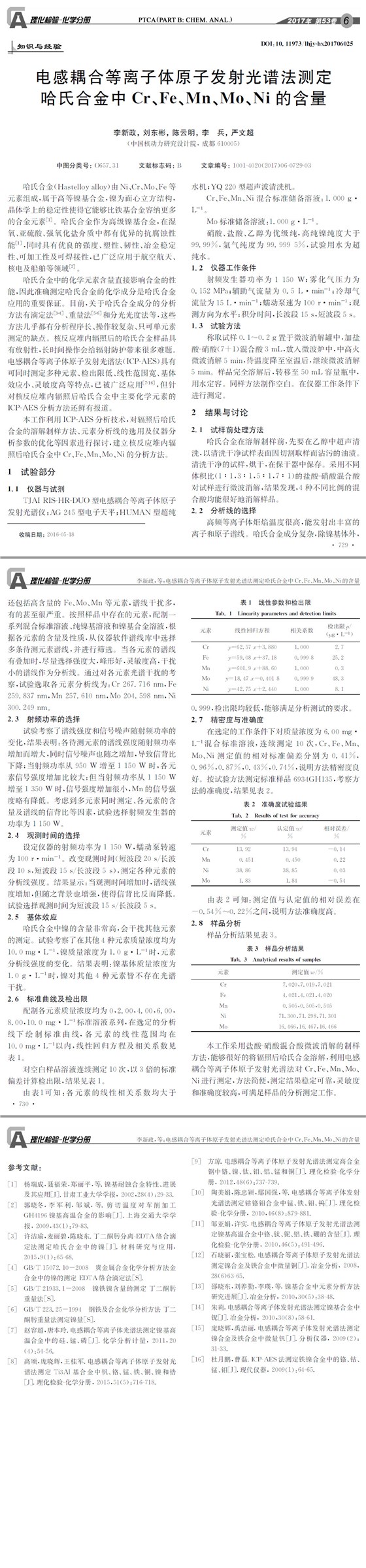 電感耦合等離子體原子發(fā)射光譜法測定哈氏合金中Cr、Fe、Mn、Mo、Ni的含量