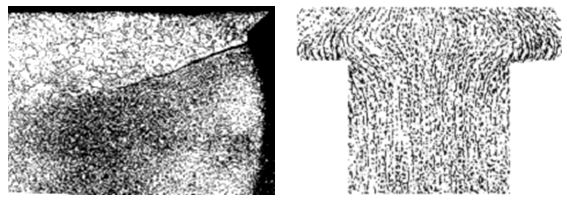 圖10-8粗細晶粒交界面上的裂紋 ×50 圖10-9螺栓頭部不合格金屬流線 50×