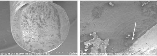圖9-28 彈簧斷口低倍形貌 圖9-29 斷口疲勞源區(qū)及擴(kuò)展區(qū)形貌