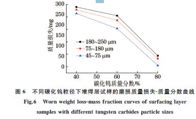 圖６ 不同碳化鎢粒徑下堆焊層試樣的磨損質(zhì)量損失Ｇ質(zhì)量分數(shù)曲線